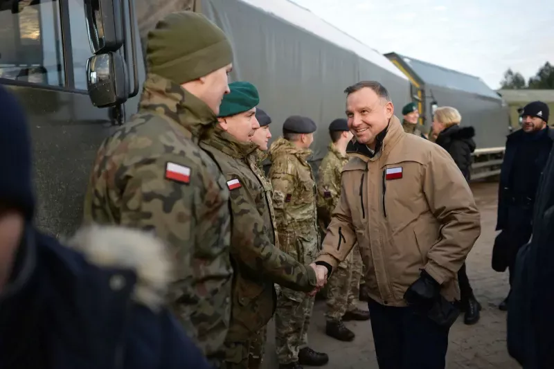 Polish president Andrzej Duda during his visit to the Polish-Belarusian border crossing in Kuznica, eastern Poland. Duda has put forward a bill to scrap the disciplinary chamber for judges — addressing one of the EU’s key demands © Marcin Obara/EPA-EFE