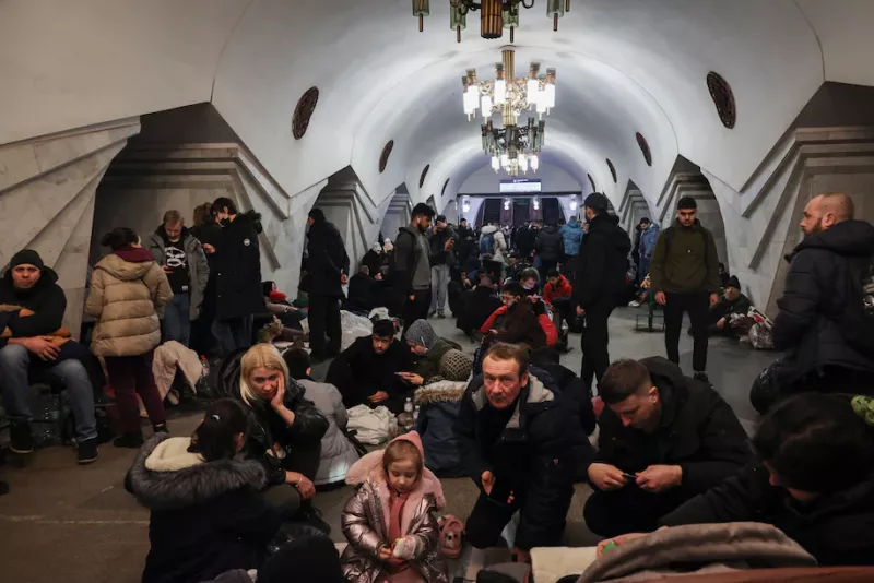 Ukrainians shelter in the Pushkinskaya underground station in Kharkiv, Ukraine, on Feb. 24. (Sergey Kozlov/EPA-EFE/REX/Shutterstock)