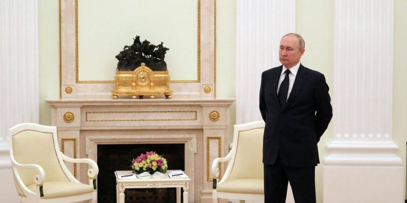 Russian president Vladimir Putin waits for a meeting with his Belarus' counterpart at the Kremlin. Photo by MIKHAIL KLIMENTYEV/SPUTNIK/AFP via Getty Images. 