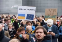 Demonstrators protest in front of the European Parliament after a special plenary session on the Russian invasion of Ukraine at the European Union’s headquarters in Brussels on March 1. JONAS ROOSENS/BELGA/AFP via Getty Images