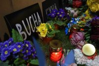 People gather outside the Ukrainian Embassy on Monday in Yerevan, Armenia, to mourn civilians found dead in the town of Bucha, Ukraine. (Karen Minasyan/AFP)
