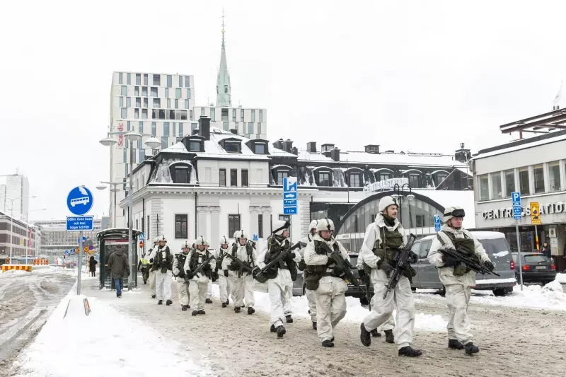 Swedish soldiers marching in Stockholm, March 2017. Tiansheng Shi / Xinhua / Redux
