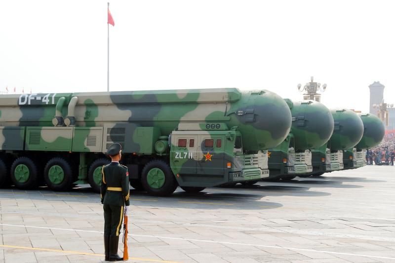 The newest generation of Chinese ICBMs, which can carry multiple nuclear warheads, in Beijing, October 2019. Thomas Peter / Reuters