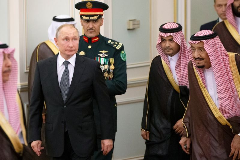 Russian President Vladimir Putin, center left, and Saudi Arabia's King Salman, right, in Riyadh, Saudi Arabia, on Oct. 14, 2019. (Alexander Zemlianichenko/AP)
