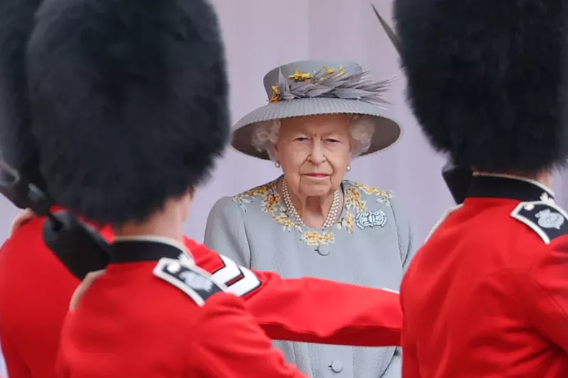 Britain's Queen Elizabeth II watches a military ceremony to mark her official birthday at Windsor Castle, in Windsor, England, in June 2021. (Chris Jackson/POOL/AFP via Getty Images)