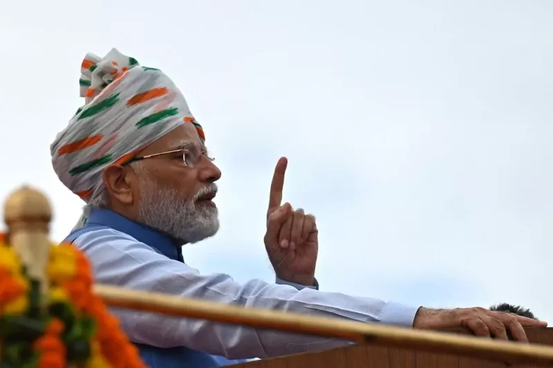 Indian Prime Minister Narendra Modi speaks during celebrations to mark the 75th anniversary of independence at the Red Fort in New Delhi on Aug. 15. MONEY SHARMA/AFP via Getty Images