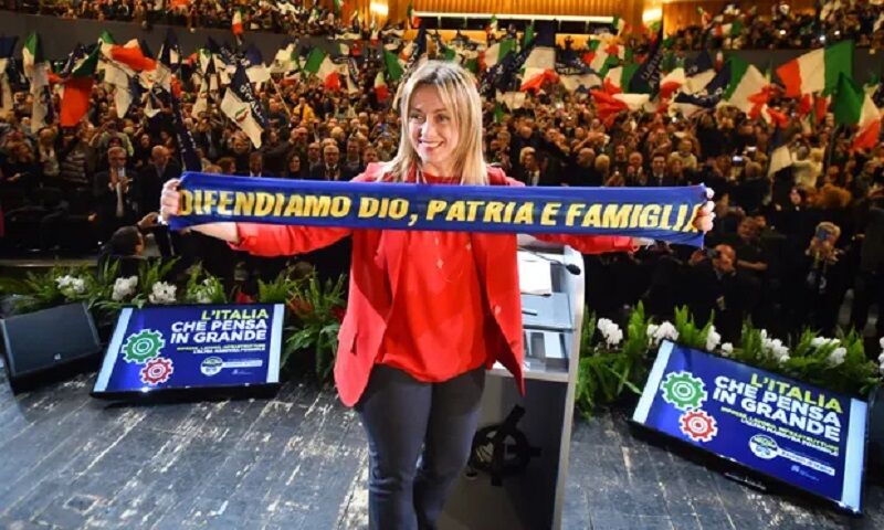 Giorgia Meloni at a Brothers of Italy convention in Bologna in December 2019. Photograph: Massimo Paolone/AP