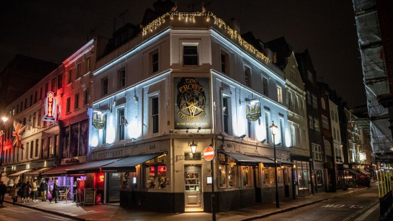 A pub on the corner of a quiet street in the Soho district of central London, in December 2021.