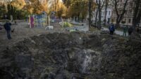 The crater left by a missile strike on a Kyiv playground, pictured on October 11. Ed Ram/Getty Images