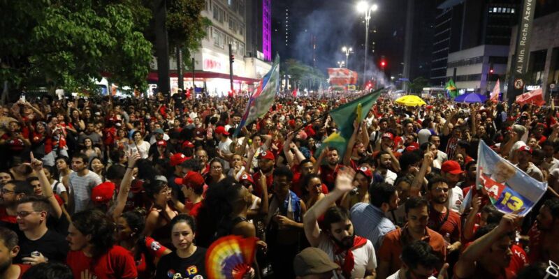 Supporters of Luiz Inácio Lula da Silva of the Workers' Party (PT) celebrate after he was declared winner of the Brazilian presidential election on 30 October 2022 in Sao Paulo, Brazil. Photo: Ricardo Moreira via Getty Images. 