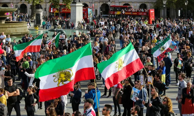 Hundreds protest in London in solidarity with Iran following the death of Mahsa Amini, a 22-year-old Iranian woman who died while in police custody. Photograph: Anadolu Agency/Getty Images
