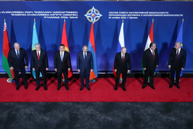 Putin, third from right, poses with other leaders before a summit of the Collective Security Treaty Organization in Yerevan, Armenia, on Nov. 23. (Vahram Baghdasaryan/AP)
