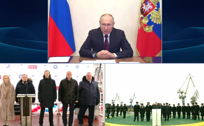 Putin celebrates two new nuclear-powered icebreakers, the Ural and the Yakutia. (Kremlin photo)
