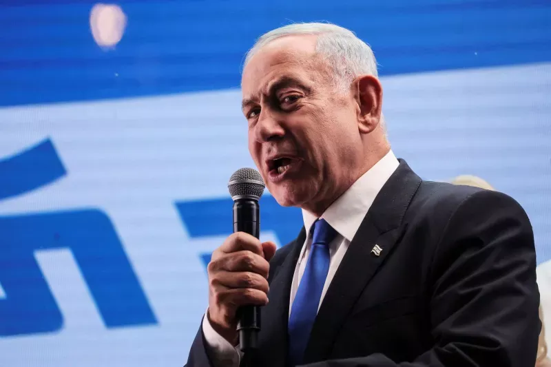  Israeli Prime Minister Benjamin Netanyahu addressing supporters, Or Yehuda, Israel, October 2022. Nir Elias / Reuters
