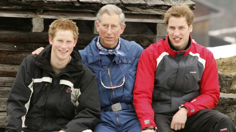 Then-Prince Charles poses with his sons Harry and William during a family ski holiday in Switzerland, 2005. Pascal Le Segretain/Getty Images