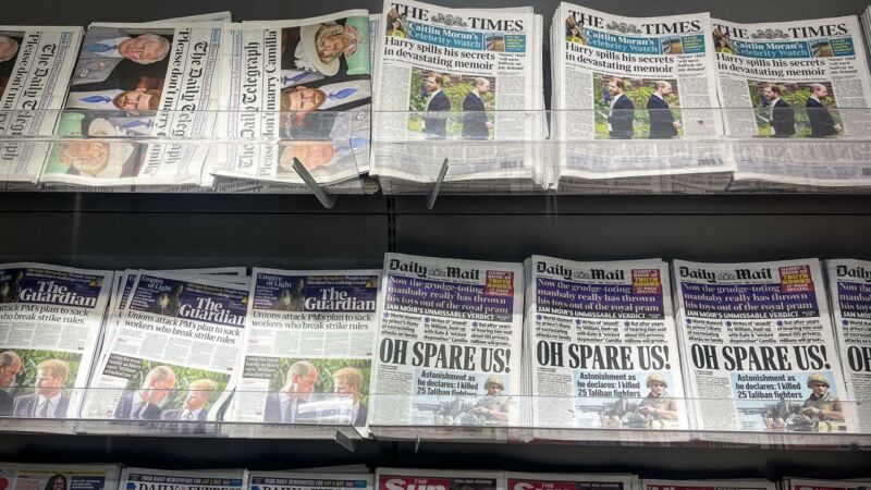 The front pages of various UK daily newspapers cover early snippets from Prince Harry's memoir, "Spare," on January 6. Matt Cardy/Getty Images