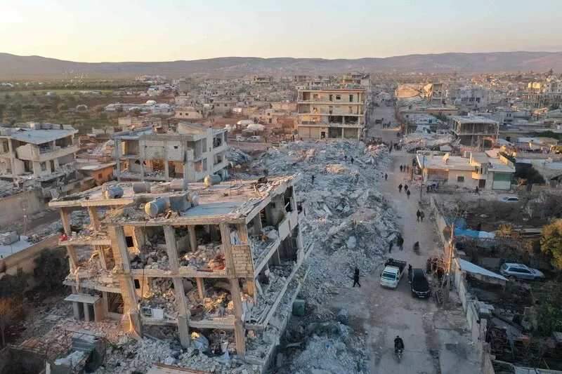 An aerial view shows the destroyed buildings in the rebel-held town of Jindayris, Syria, on Thursday, three days after a deadly earthquake. (Omar Haj Kadour/AFP/Getty Images)