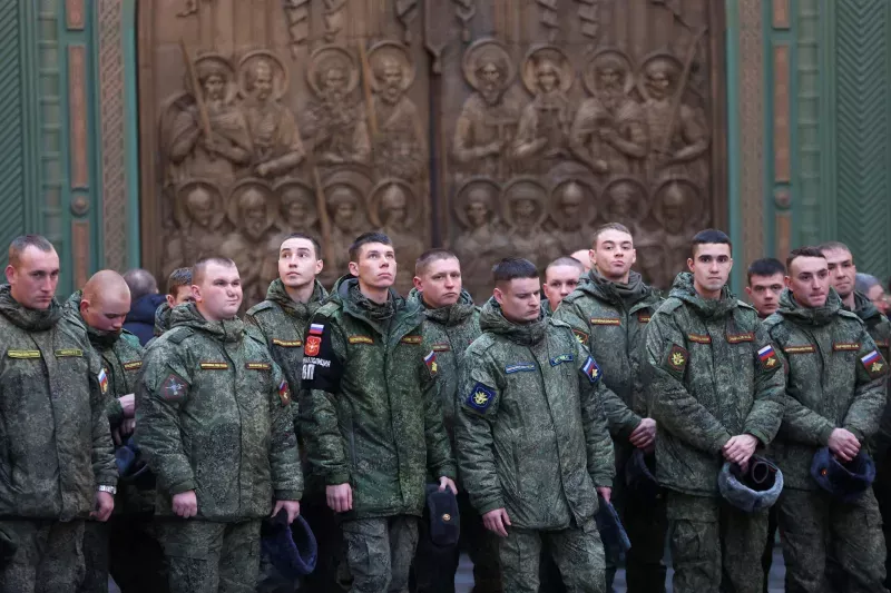  Soldiers at the Cathedral of the Russian Armed Forces, near Moscow, January 2023. Yulia Morozova / Reuters