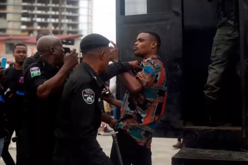 Police detain a man in Lekki following a demonstration in 2021. The so-called EndSARS movement against police brutality morphed into a broader alliance against the failings of Nigeria’s political elite © Sunday Alamba/AP