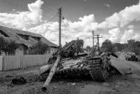 A destroyed Russian tank near the front line in Oskil, Ukraine. Nicole Tung for The New York Times