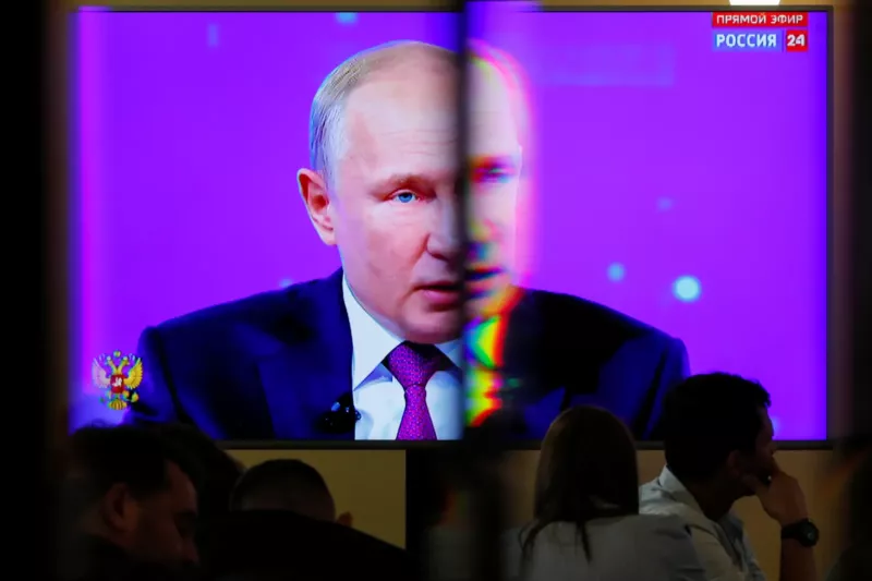 A screen showing Russian President Vladimir Putin, Moscow, June 2019. Shamil Zhumatov / Reuters