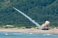 A target missile is launched during a Taiwanese military live-firing exercise in Pingtung County on July 4.