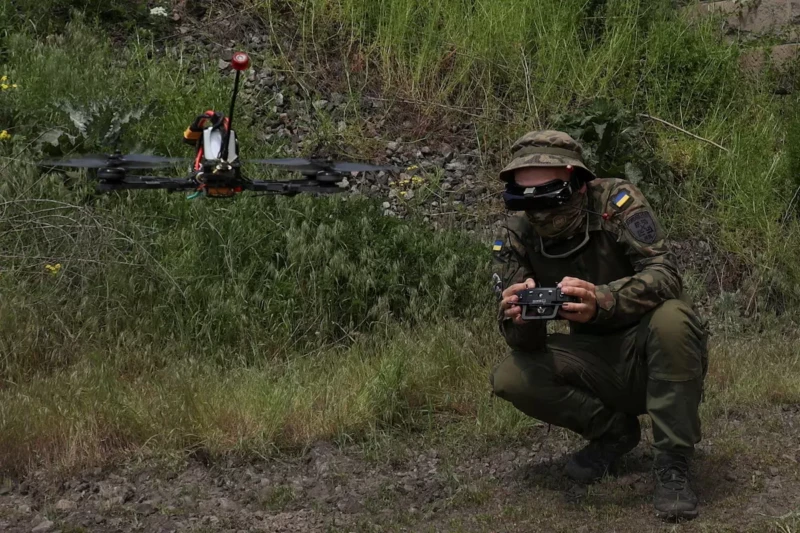 A Ukrainian soldier attends a drone flight training program in the Dnipropetrovsk region, Ukraine, on May 15, 2023. (Sofiia Gatilova/Reuters) 