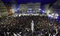 More than 1,500 people demonstrate against the AfD and right-wing extremism in Schwerin, Germany, on January 16. Ulrich Perrey/picture-alliance/dpa/AP