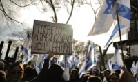 Demonstrators at a ‘#MeToo unless you are a Jew’ protest outside the UN headquarters in New York City last month. Photograph: Charly Triballeau/AFP/Getty Images