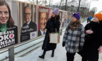 Posters showing candidates in the presidential election in Helsinki, Finland, 17 January 2024. Photograph: Mauri Ratilainen/EPA