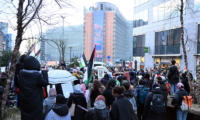 A pro-Palestinian demonstration outside the EU Commission building in Brussels on 19 February 2024. Photograph: Anadolu/Getty Images
