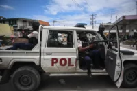 Police officers on patrol, Port-au-Prince, April 25, 2023. Richard Perrin/AFP/Getty Images
