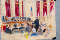 A courtroom drawing depicts Michael R. Dreeben, counselor to special counsel Jack Smith, arguing before the Supreme Court on April 25. (Dana Verkouteren/AP)